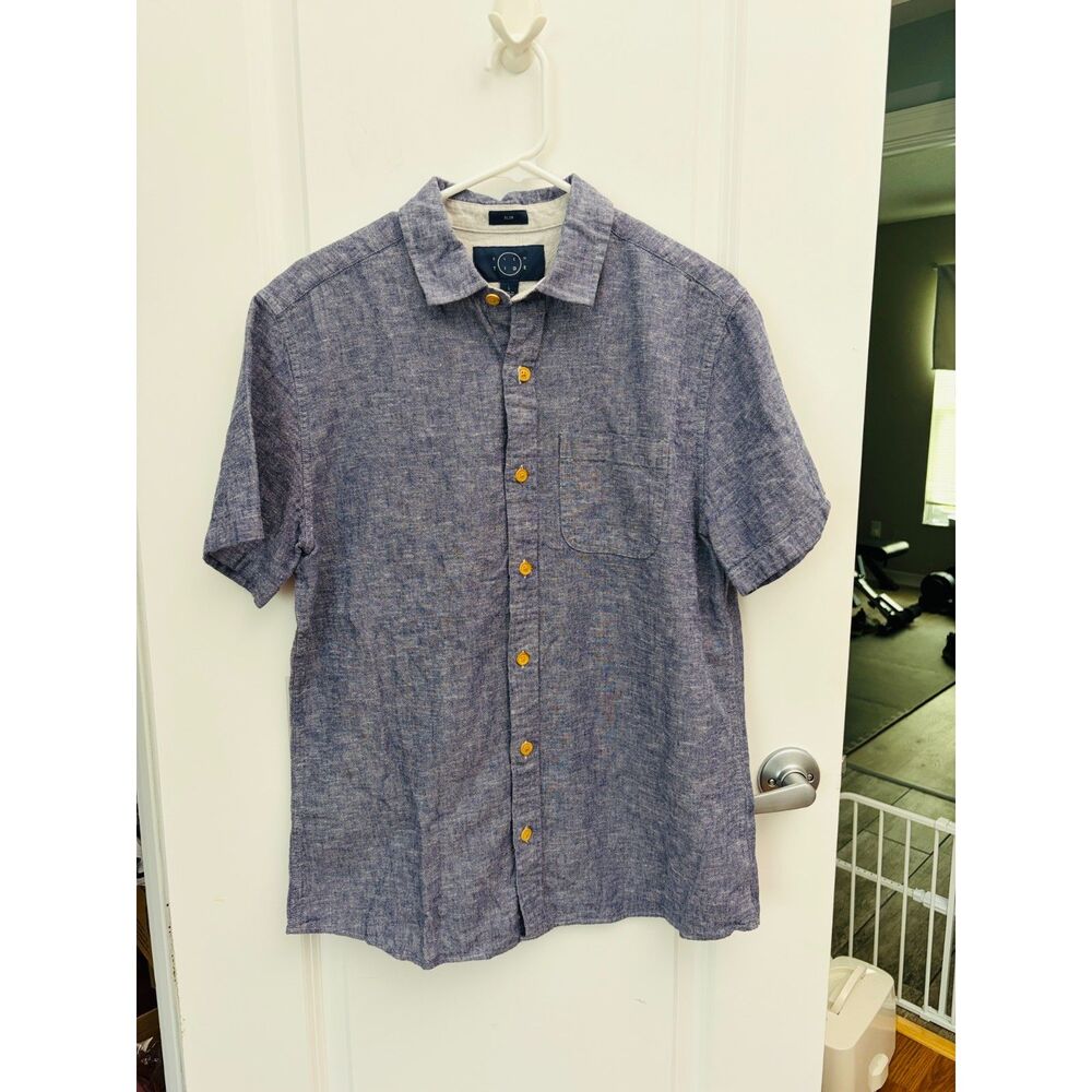 Eventide Mens Lg Slim Fit Linen Blend Short Sleeve Button Up Shirt Blue Chambray